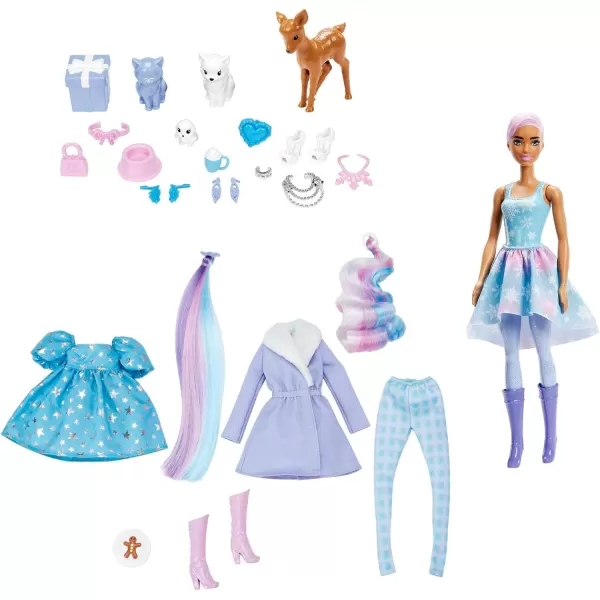 imageBarbie Color Reveal Advent Calendar 1 Color Reveal Doll ampamp 3 Pets Clothes Accessories ampamp 2 Hair Extensions 25 Surprises for Kids