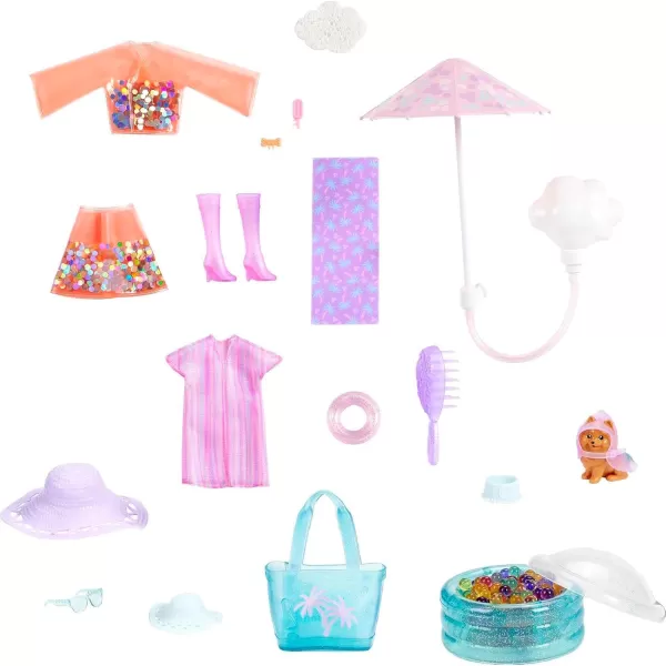 imageBarbie Color Reveal Sunshine and Sprinkles Doll ampamp Accessories with 25 Surprises Palm Tree Theme Including WaterShower Umbrella ampamp Color Change