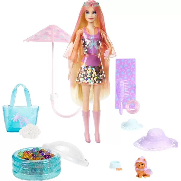 imageBarbie Color Reveal Sunshine and Sprinkles Doll ampamp Accessories with 25 Surprises Palm Tree Theme Including WaterShower Umbrella ampamp Color Change