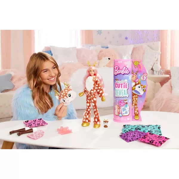 imageBarbie Cutie Reveal Doll Snowflake Sparkle Series Deer Plush Costume 10 Surprises Including Mini Pet ampamp Color ChangeDeer