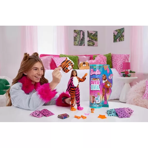 imageBarbie Cutie Reveal Fashion Doll Jungle Series Tiger Plush Costume 10 Surprises Including Mini Pet ampamp Color ChangeTiger