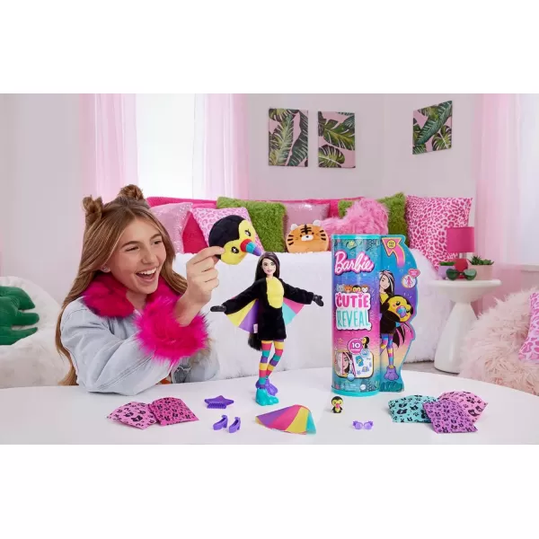 imageBarbie Cutie Reveal Fashion Doll Jungle Series Tiger Plush Costume 10 Surprises Including Mini Pet ampamp Color ChangeToucan