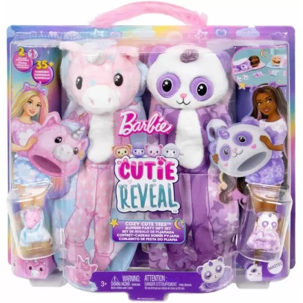 imageBarbie Cutie Reveal Set Cozy Sleepover Set with 2 Fashion Dolls ampamp Pajamas Sleeping Bags ampamp BedtimeThemed Accessories