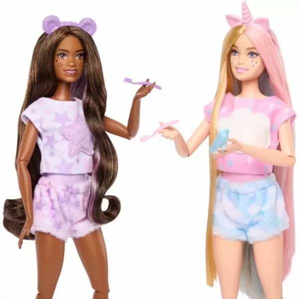 imageBarbie Cutie Reveal Set Cozy Sleepover Set with 2 Fashion Dolls ampamp Pajamas Sleeping Bags ampamp BedtimeThemed Accessories