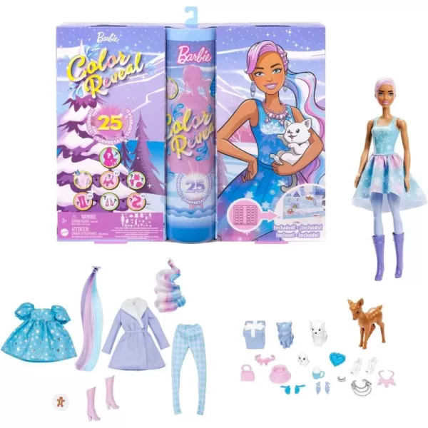 imageBarbie Color Reveal Advent Calendar 1 Color Reveal Doll ampamp 3 Pets Clothes Accessories ampamp 2 Hair Extensions 25 Surprises for Kids