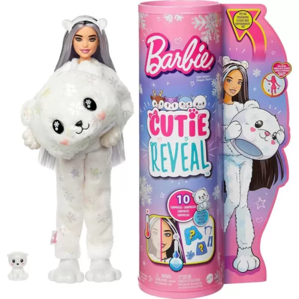 imageBarbie Cutie Reveal Doll Snowflake Sparkle Series Deer Plush Costume 10 Surprises Including Mini Pet ampamp Color ChangePolar Bear