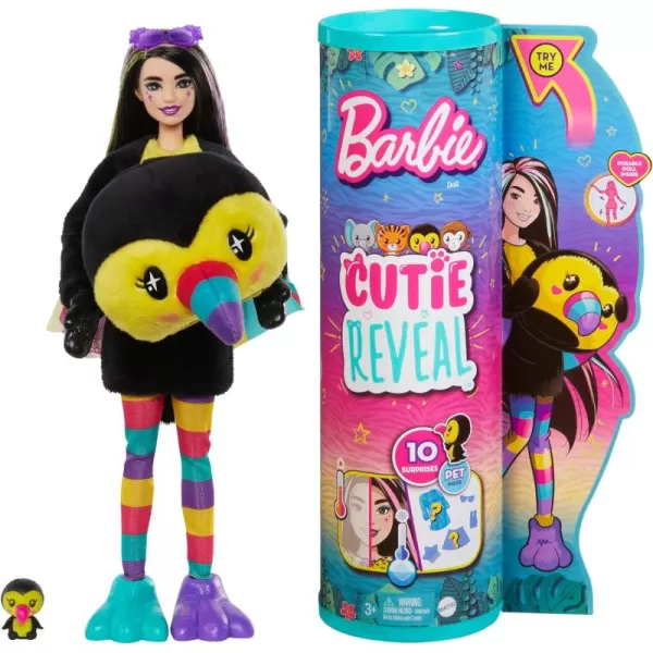 imageBarbie Cutie Reveal Fashion Doll Jungle Series Tiger Plush Costume 10 Surprises Including Mini Pet ampamp Color ChangeToucan