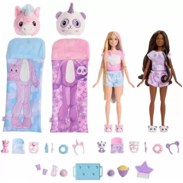 imageBarbie Cutie Reveal Set Cozy Sleepover Set with 2 Fashion Dolls ampamp Pajamas Sleeping Bags ampamp BedtimeThemed Accessories