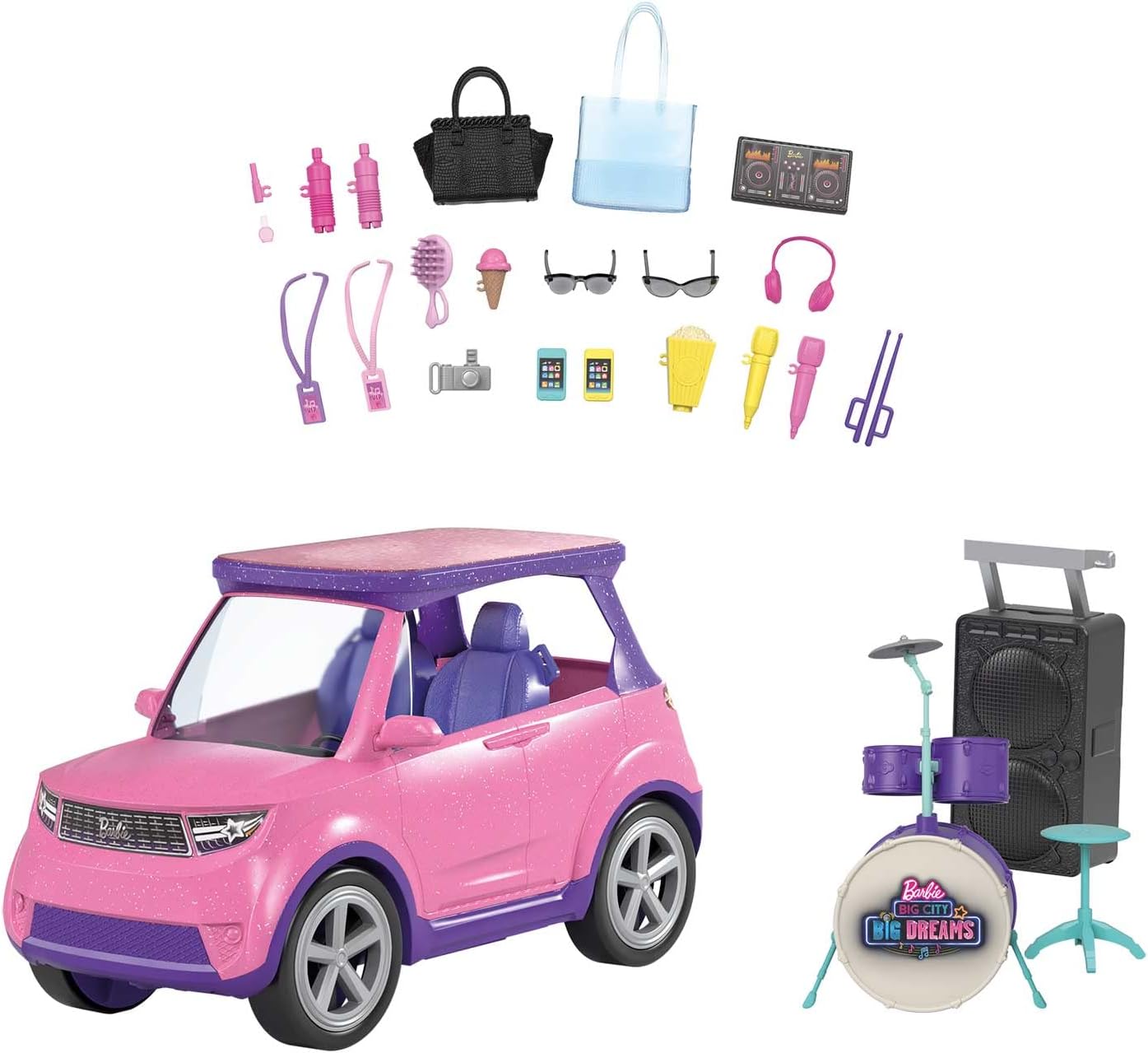 imageBarbie Big City Big Dreams Transforming Vehicle Playset Pink 2Seater SUV Reveals Stage Drum Set ampamp ConcertThemed Accessories Gift for 3 to 7 Year OldsSingle