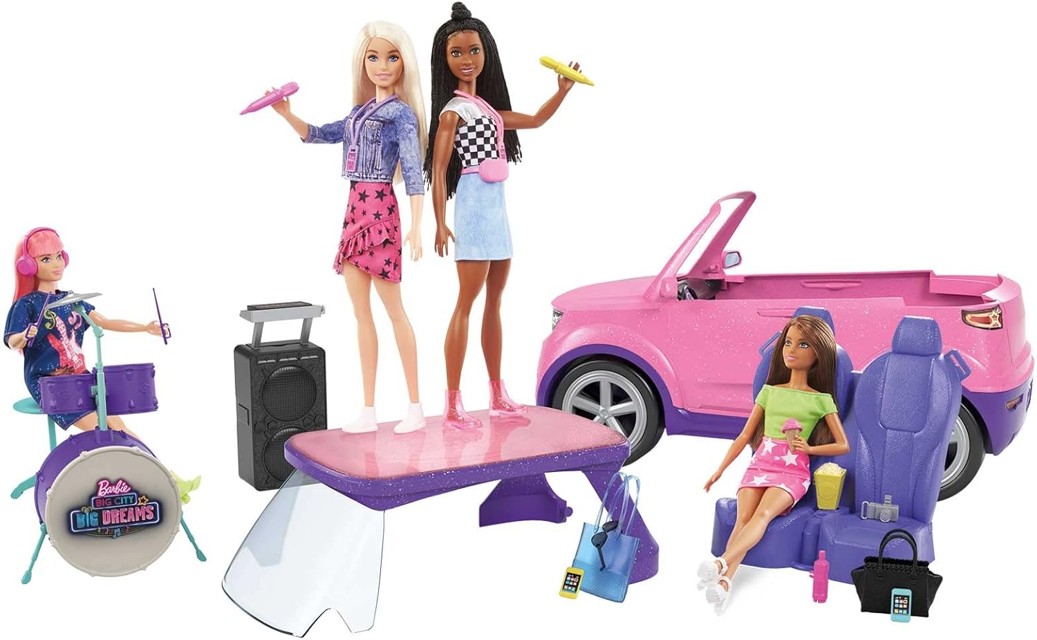 imageBarbie Big City Big Dreams Transforming Vehicle Playset Pink 2Seater SUV Reveals Stage Drum Set ampamp ConcertThemed Accessories Gift for 3 to 7 Year OldsSingle