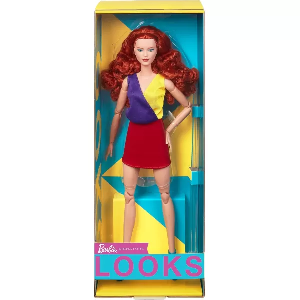 imageBarbie Looks Fashion Doll with Curly Red Hair Wearing Color Block Top ampamp Glossy Pleather Skirt Collectible with Posable Made to Move Body