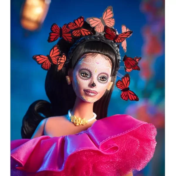 imageBarbie Signature Fashion Doll 2023 Dia de Muertos Collectible Wearing Ruffled Pink Gown ampamp Holding Tiny Ofrenda Includes Doll Stand