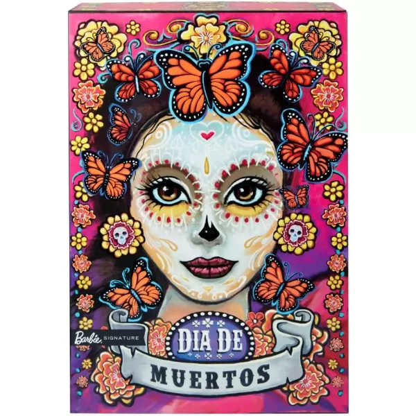 imageBarbie Signature Fashion Doll 2023 Dia de Muertos Collectible Wearing Ruffled Pink Gown ampamp Holding Tiny Ofrenda Includes Doll Stand