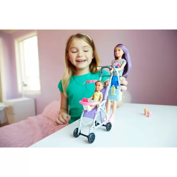 imageBarbie Skipper Babysitters Inc 2 Dolls ampamp Accessories Set with Brunette Skipper Doll Small Doll ampamp Bouncy Stroller Amazon ExclusivePram Playset