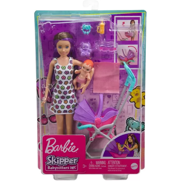 imageBarbie Skipper Babysitters Inc Playset with Doll Stroller Baby Doll ampamp 5 Accessories Remove Stroller Seat for CarrierBrunette