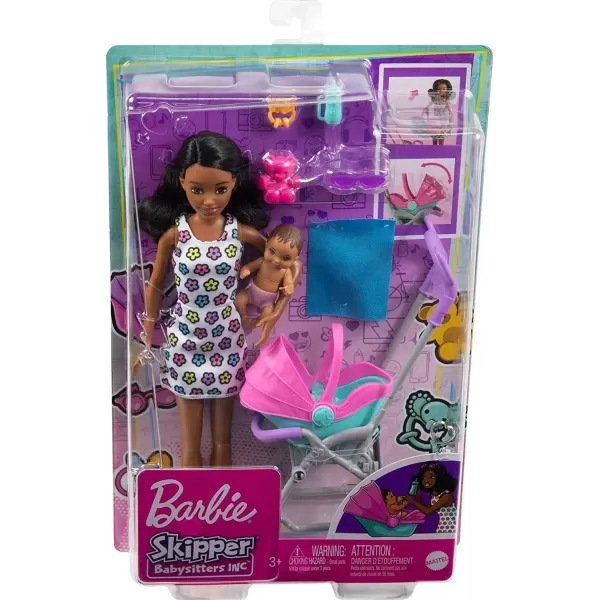 imageBarbie Skipper Babysitters Inc Playset with Doll Stroller Baby Doll ampamp 5 Accessories Remove Stroller Seat for CarrierCurly Brunette