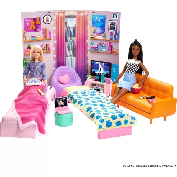 imageBarbie Toy Playset Big City Big Dreams Dorm Room Furniture ampamp Accessories Includes 2 Beds Couch Bean Bag Chair ampamp More