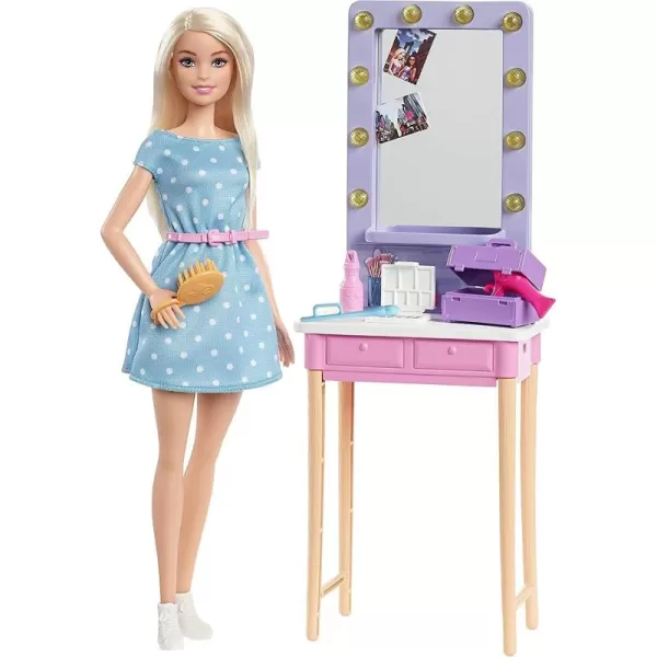 imageBarbie Big City Big Dreams Malibu Doll 115in Blonde and Backstage Dressing Room Playset with Accessories Gift for 3 to 7 Year Olds