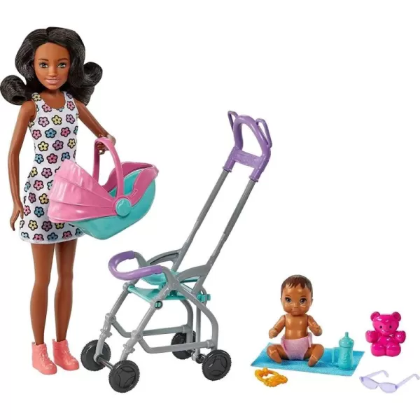 imageBarbie Skipper Babysitters Inc Playset with Doll Stroller Baby Doll ampamp 5 Accessories Remove Stroller Seat for CarrierCurly Brunette