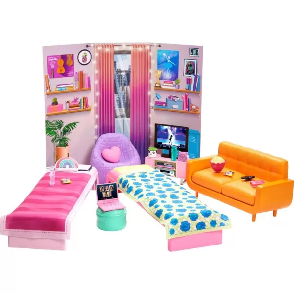 imageBarbie Toy Playset Big City Big Dreams Dorm Room Furniture ampamp Accessories Includes 2 Beds Couch Bean Bag Chair ampamp More