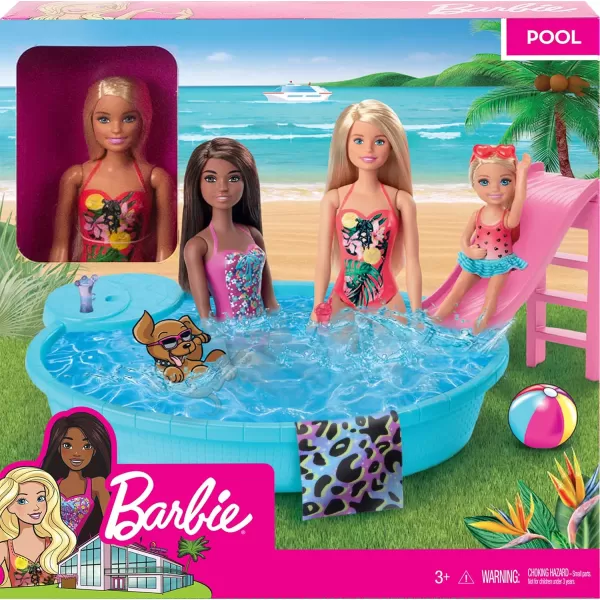 imageBarbie Doll ampamp Pool Playset with Pink Slide Beverage Accessories ampamp Towel Blonde Doll in Tropical SwimsuitBlonde