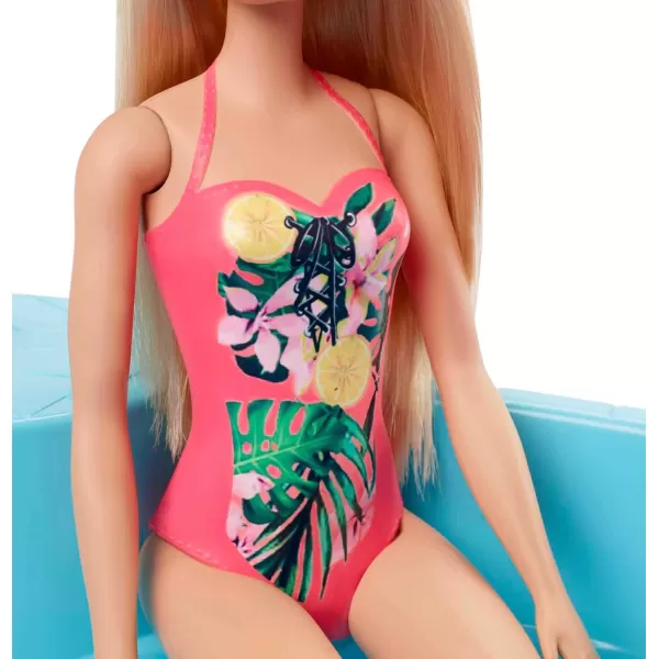 imageBarbie Doll ampamp Pool Playset with Pink Slide Beverage Accessories ampamp Towel Blonde Doll in Tropical SwimsuitBlonde