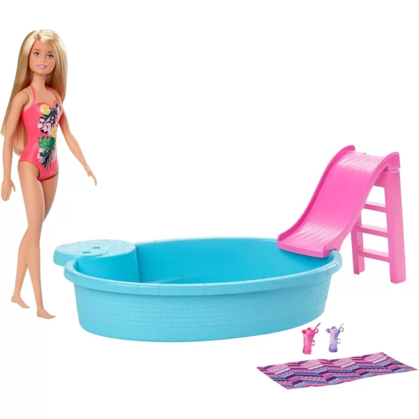 imageBarbie Doll ampamp Pool Playset with Pink Slide Beverage Accessories ampamp Towel Blonde Doll in Tropical SwimsuitBlonde