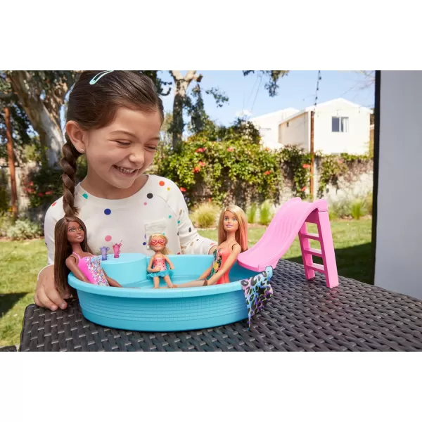 imageBarbie Doll ampamp Pool Playset with Pink Slide Beverage Accessories ampamp Towel Blonde Doll in Tropical SwimsuitMulticolor