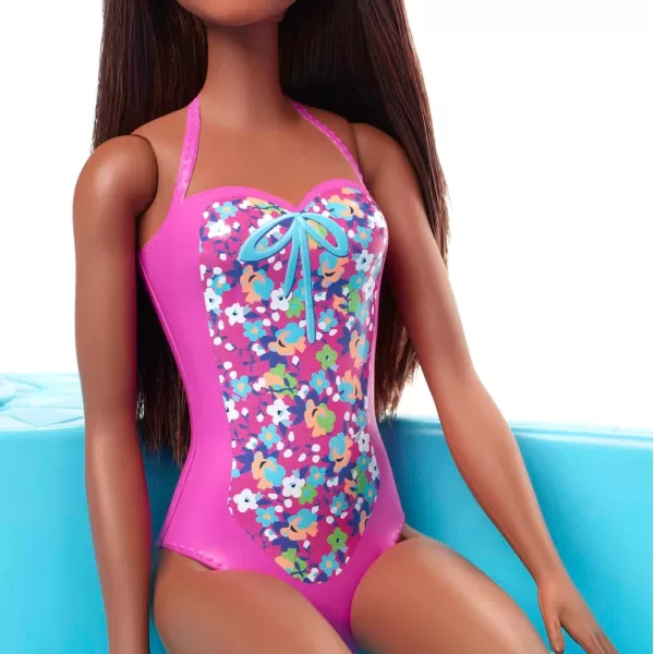 imageBarbie Doll ampamp Pool Playset with Pink Slide Beverage Accessories ampamp Towel Blonde Doll in Tropical SwimsuitMulticolor