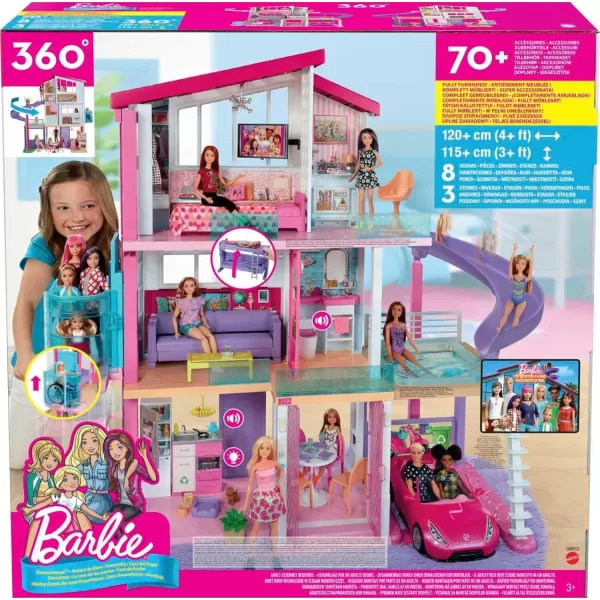 imageBarbie DreamHouse Doll House Playset with 70 Accessories Including Transforming Furniture Elevator Slide Lights ampamp SoundsDreamhouse