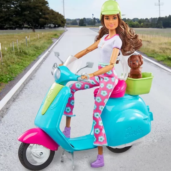 imageBarbie Fashionistas Doll ampamp Scooter Travel Playset with Stickers Pet Puppy ampamp Themed Accessories Like Map ampamp Camera Amazon Exclusive