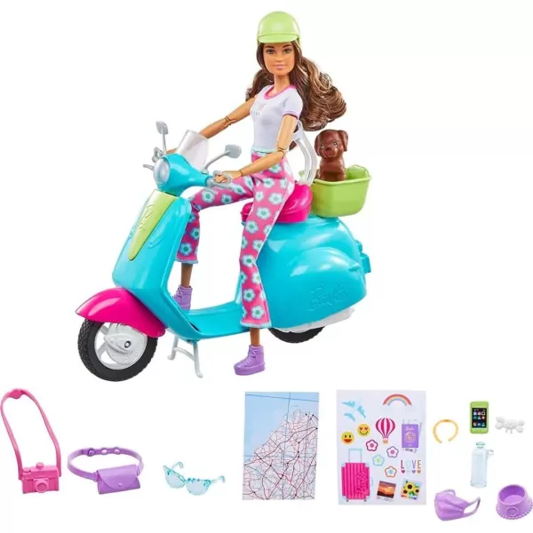 imageBarbie Fashionistas Doll ampamp Scooter Travel Playset with Stickers Pet Puppy ampamp Themed Accessories Like Map ampamp Camera Amazon Exclusive