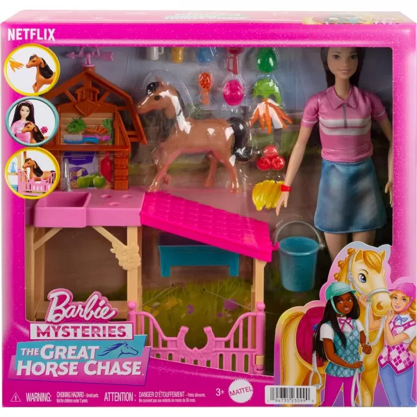 imageBarbie Toy Stable Playset with Fashion Doll Small Toy Pony ampamp 10 Accessories Inspired Mysteries The Great Horse Chase