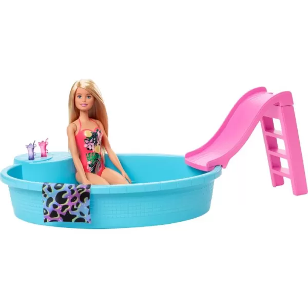 imageBarbie Doll ampamp Pool Playset with Pink Slide Beverage Accessories ampamp Towel Blonde Doll in Tropical SwimsuitBlonde