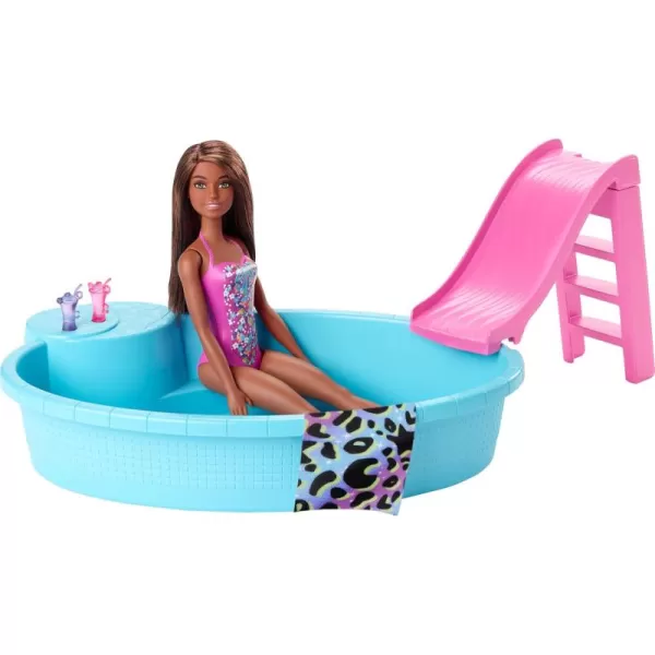 imageBarbie Doll ampamp Pool Playset with Pink Slide Beverage Accessories ampamp Towel Blonde Doll in Tropical SwimsuitMulticolor