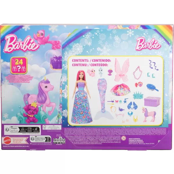 imageBarbie Advent Calendar with Doll ampamp 24 Surprise Accessories Including Unicorn ampamp 3 Pets Transform PinkHaired Fashion Doll into Mermaid Fairy ampamp More