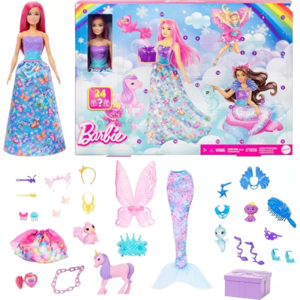 imageBarbie Advent Calendar with Doll ampamp 24 Surprise Accessories Including Unicorn ampamp 3 Pets Transform PinkHaired Fashion Doll into Mermaid Fairy ampamp More