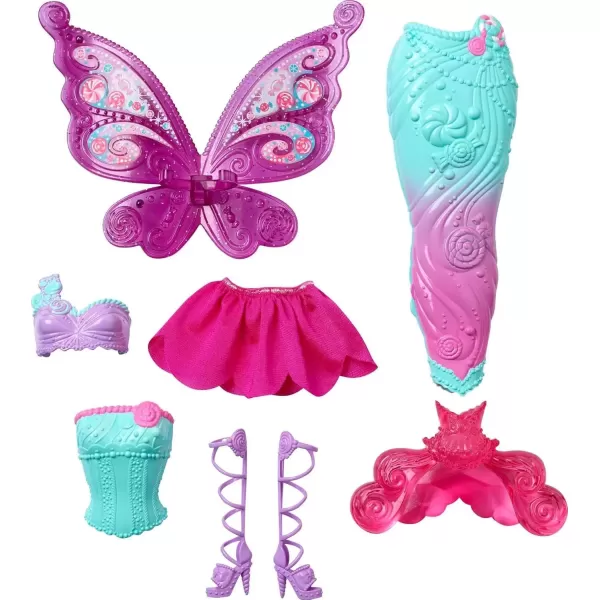 imageBarbie Doll Fantasy DressUp Set with Blonde Fashion Doll CandyInspired Clothes ampamp Accessories like Fairy Wings ampamp Mermaid TailBarbie Fantasy