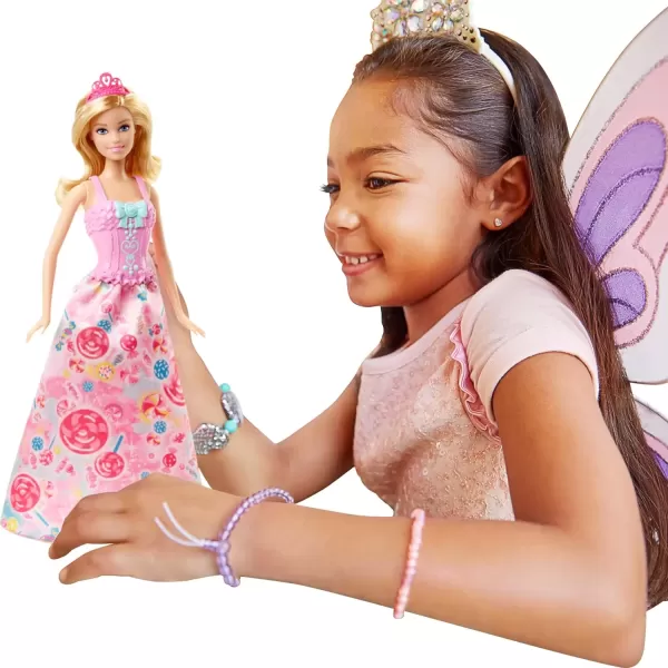 imageBarbie Doll Fantasy DressUp Set with Blonde Fashion Doll CandyInspired Clothes ampamp Accessories like Fairy Wings ampamp Mermaid TailBarbie Fantasy