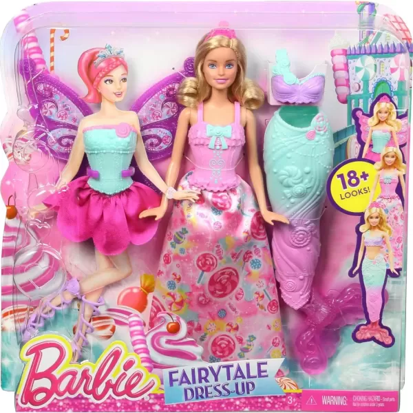 imageBarbie Doll Fantasy DressUp Set with Blonde Fashion Doll CandyInspired Clothes ampamp Accessories like Fairy Wings ampamp Mermaid TailBarbie Fantasy