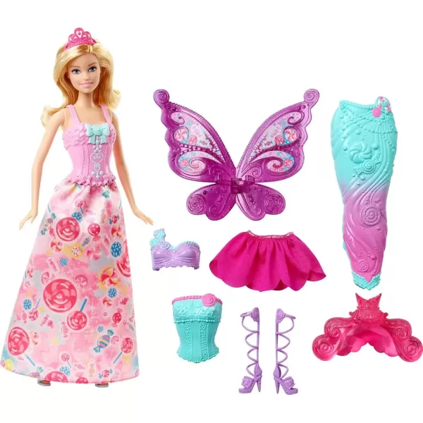 imageBarbie Doll Fantasy DressUp Set with Blonde Fashion Doll CandyInspired Clothes ampamp Accessories like Fairy Wings ampamp Mermaid TailBarbie Fantasy