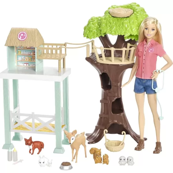 imageBarbie Doll ampamp Playset Animal Rescuer Theme with Vet Doll 8 Animal Figures Treehouse Care Station Rope Bridge ampamp Accessories