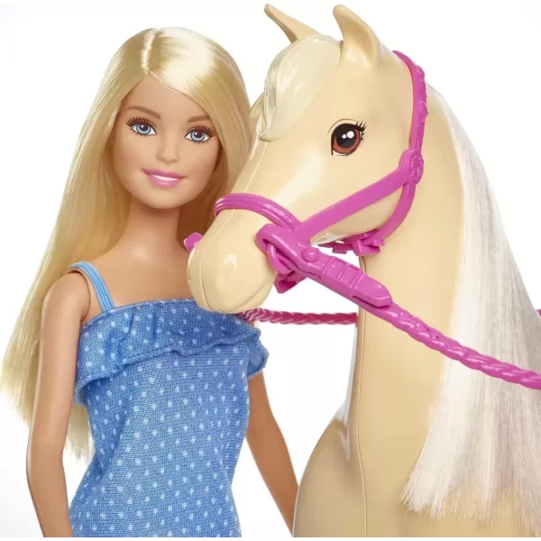 imageBarbie Doll ampamp Toy Horse Set Blonde Fashion Doll in Riding Outfit ampamp Light Brown Horse with Saddle Bridle ampamp Reins