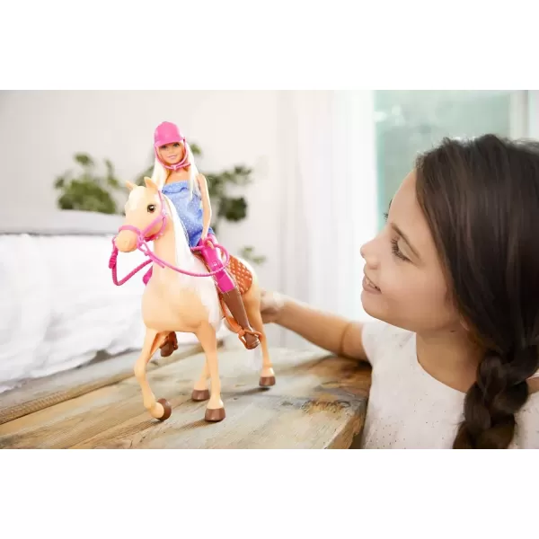 imageBarbie Doll ampamp Toy Horse Set Blonde Fashion Doll in Riding Outfit ampamp Light Brown Horse with Saddle Bridle ampamp Reins