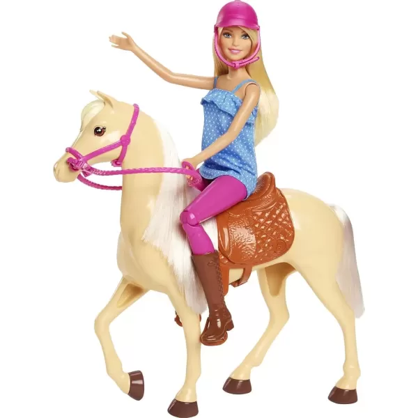 imageBarbie Doll ampamp Toy Horse Set Blonde Fashion Doll in Riding Outfit ampamp Light Brown Horse with Saddle Bridle ampamp Reins