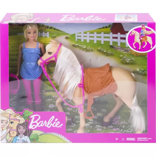 imageBarbie Doll ampamp Toy Horse Set Blonde Fashion Doll in Riding Outfit ampamp Light Brown Horse with Saddle Bridle ampamp Reins