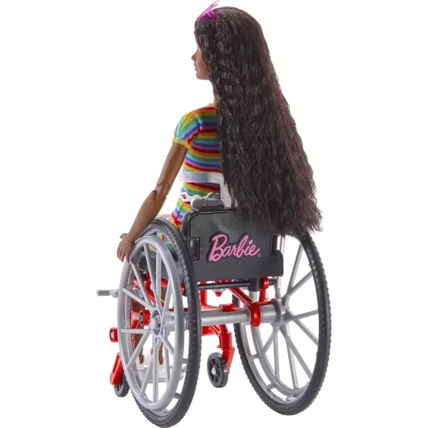 imageBarbie Fashionistas Doll 166 with Wheelchair and Ramp Crimped Brunette Hair and RainbowStriped Dress with Accessories Amazon Exclusive