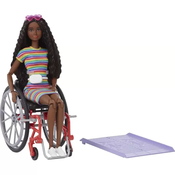 imageBarbie Fashionistas Doll 166 with Wheelchair and Ramp Crimped Brunette Hair and RainbowStriped Dress with Accessories Amazon Exclusive