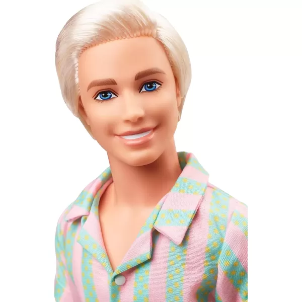 imageBarbie The Movie Ken Doll Collectible Wearing Pastel Pink ampamp Green Striped Beach Matching Set with Surfboard ampamp White Sneakers