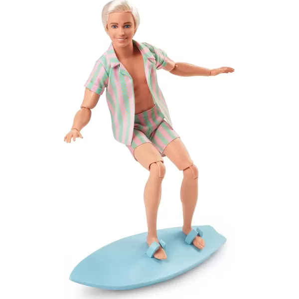 imageBarbie The Movie Ken Doll Collectible Wearing Pastel Pink ampamp Green Striped Beach Matching Set with Surfboard ampamp White Sneakers